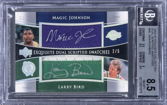 2004-05 Exquisite Collection “Dual Scripted Swatches” #ML Magic Johnson/Larry Bird Dual-Signed Game-Used Patch Card (#2/5) - BGS NM-MT+ 8.5/BGS 10